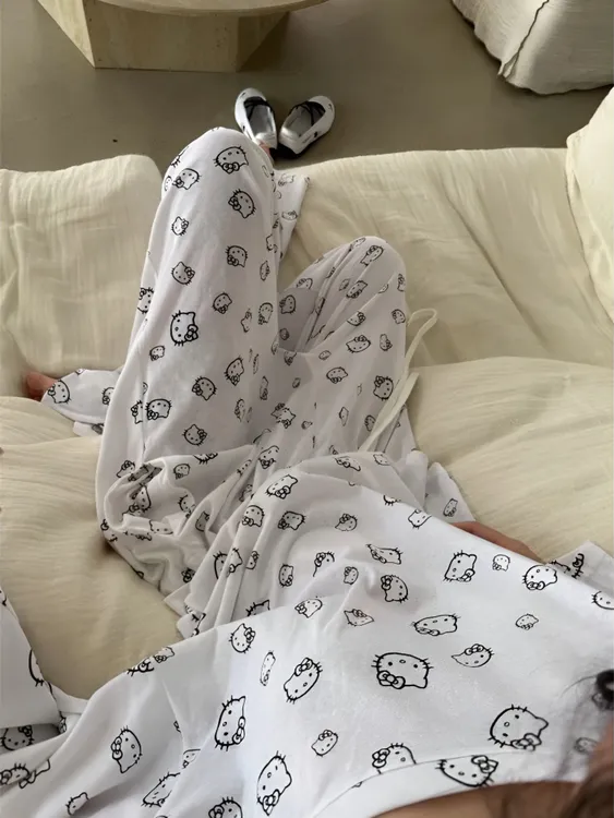 韩版少女kt猫印花露肩睡衣女套装春秋季新款舒适薄款可外穿家居服