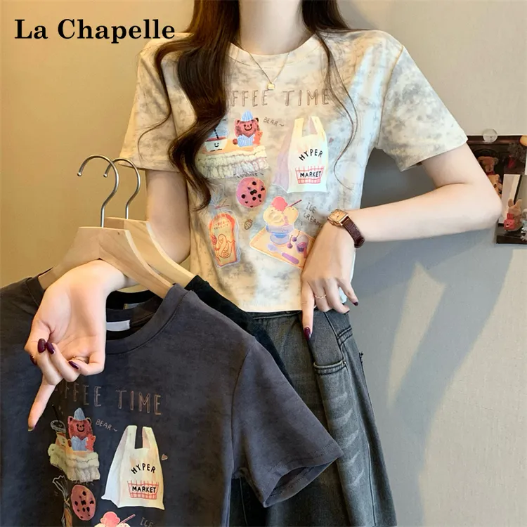 拉夏贝尔圆领晕染卡通印花短袖T恤女修身短款甜辣显瘦体恤上衣夏