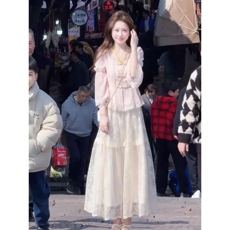 新中式国风长袖套装春季气质显瘦高级感复古蕾丝半身裙时尚两件套