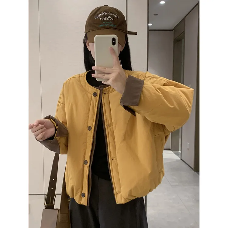 2025秋冬新款圆领拼色棉服外套女大码胖MM小个子时尚简约洋气棉衣