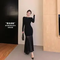 林关关【温柔盛宴】网纱拼接一字领针织连衣裙黑色气质包臀长裙女