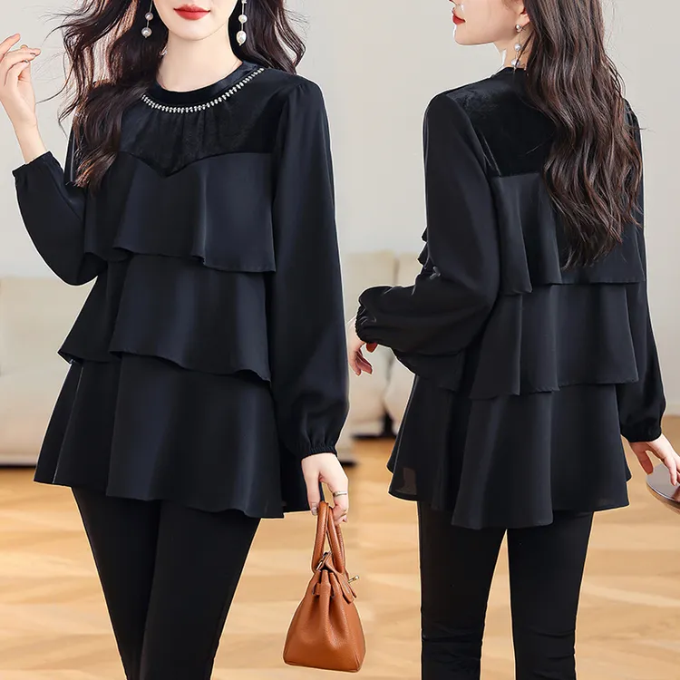 时尚钉珠大码上衣女2025春新款气质小衫洋气时尚胖巨显瘦