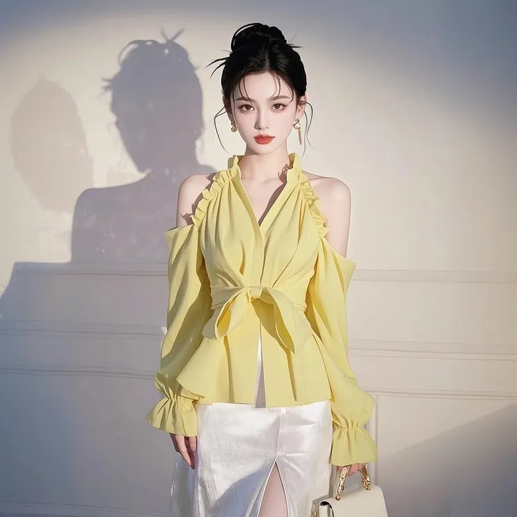 设计感露肩蝴蝶结黄色衬衫女装春季高级感独特小众超好看漂亮上衣