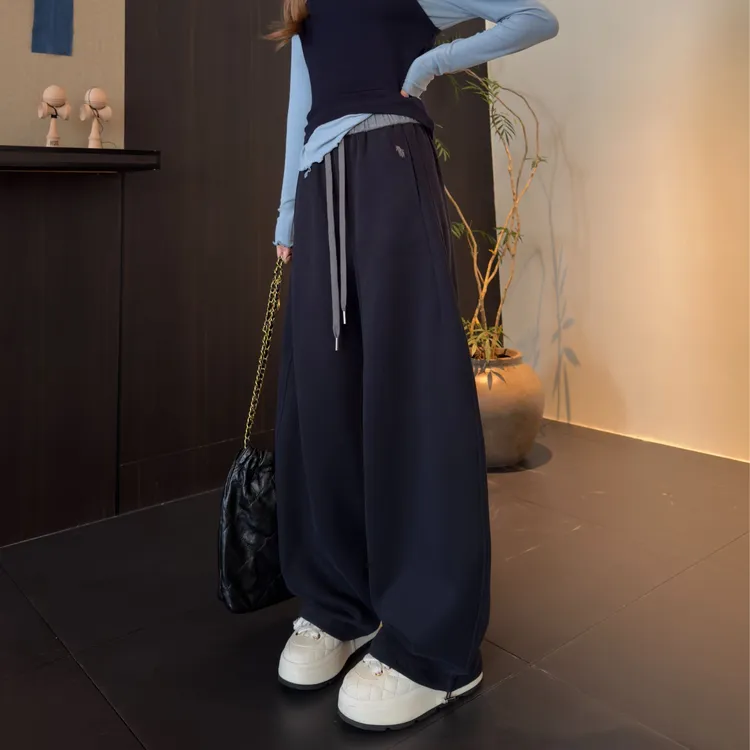 刺绣小标拼色高腰显瘦弯刀阔腿休闲长裤女秋季新款百搭6605