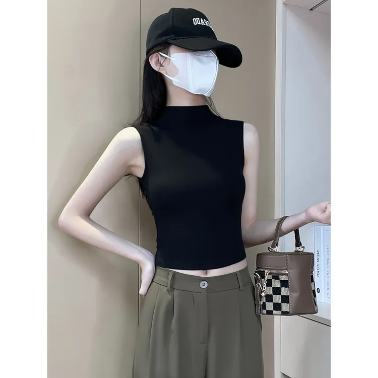 黑色半高领吊带背心女内搭夏2025新款外穿棉质遮副乳无袖短款上衣