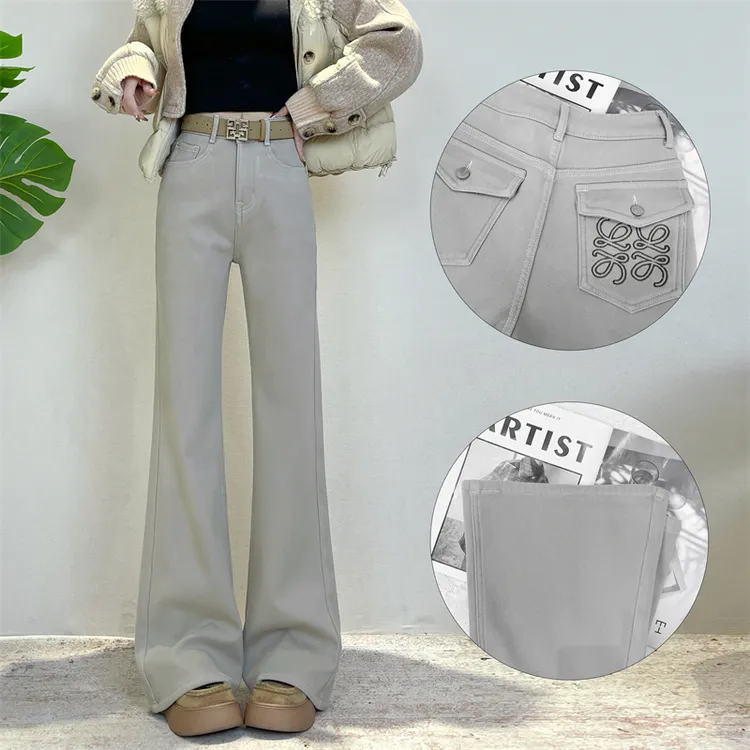 迪否高腰加绒直筒喇叭裤冬季新款宽松显瘦不贴腿牛仔裤6393