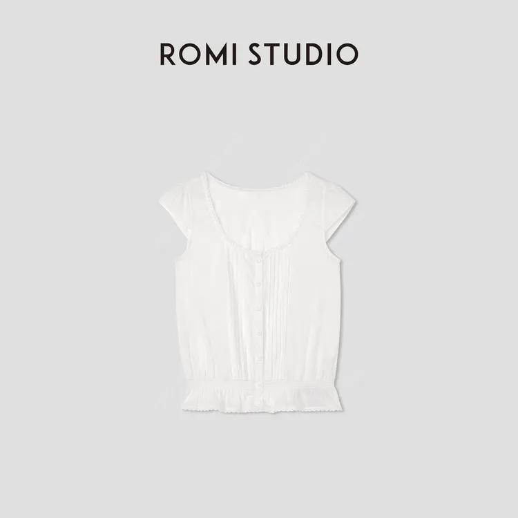 ROMI STUDIO“悠然法式”蕾丝花边U领小飞袖轻柔短袖上衣RWCRS64421