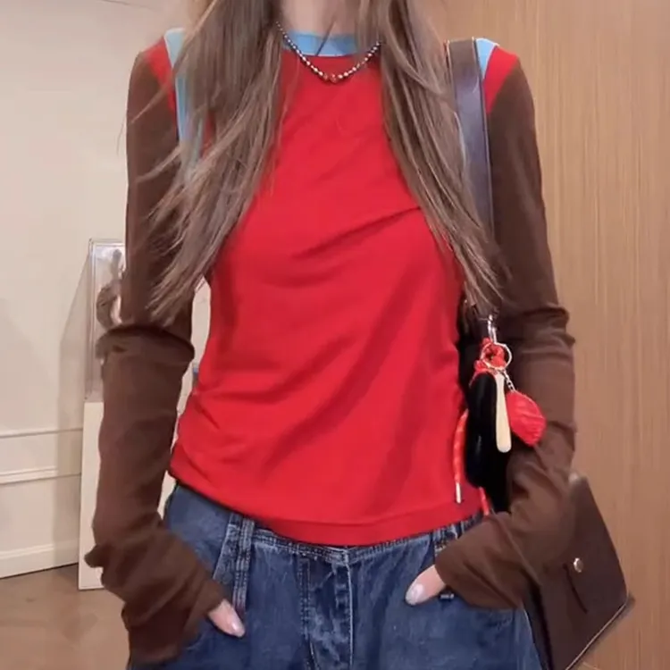 修身显瘦百搭打底上衣秋季新款胖MM大码女装复古撞色圆领长袖T恤
