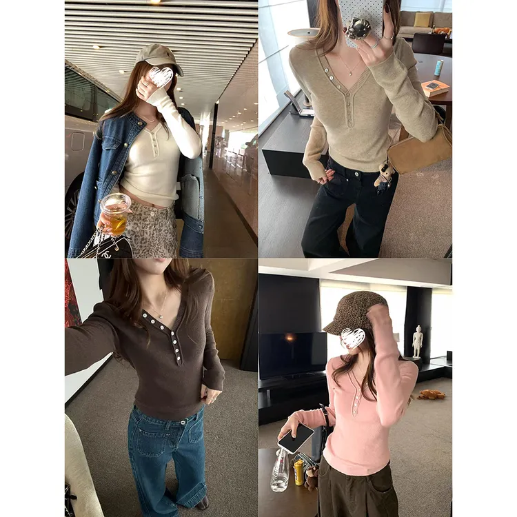 修身显瘦V领内搭上衣女秋季多粒扣长袖打底针织衫 81288