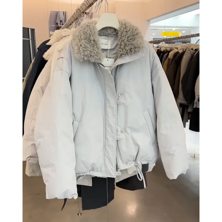 工装风羊羔毛领羽绒服女冬2025新款韩系白鸭绒内胆羽绒派克服外套