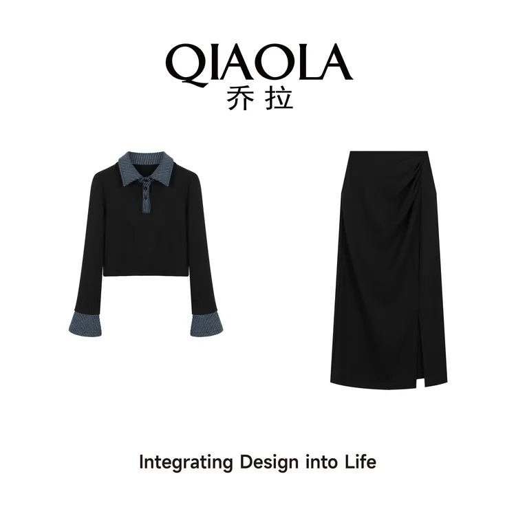 QIAOLA/乔拉【假日之歌】早春新款针织翻领喇叭袖显瘦时尚套装预售