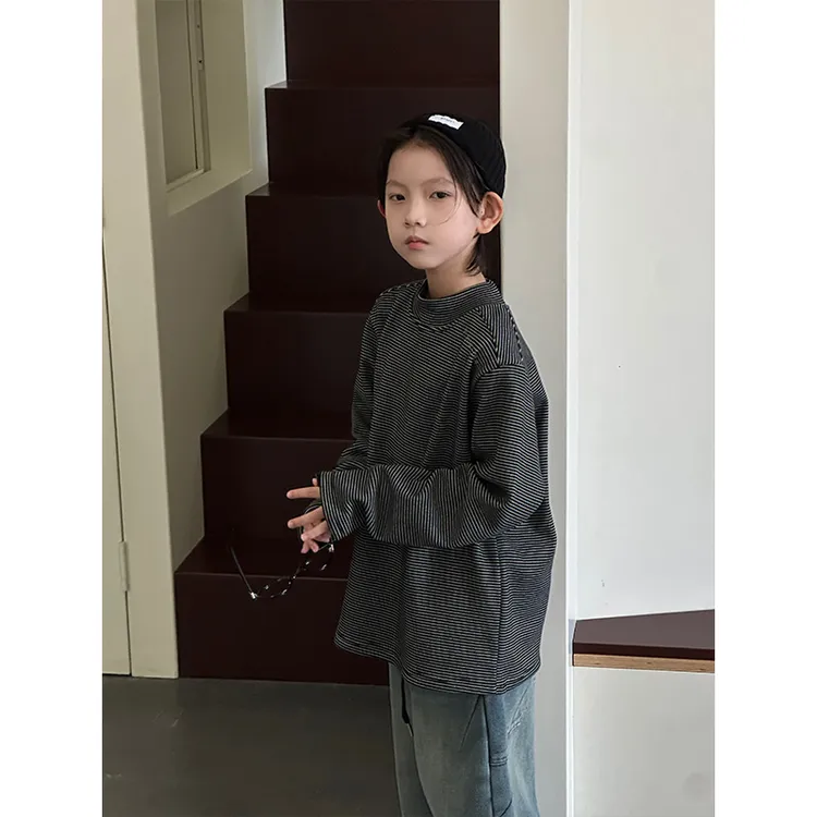 【现货】新款儿童卫衣2025韩版潮男童条纹卫衣中大童加绒打底上衣