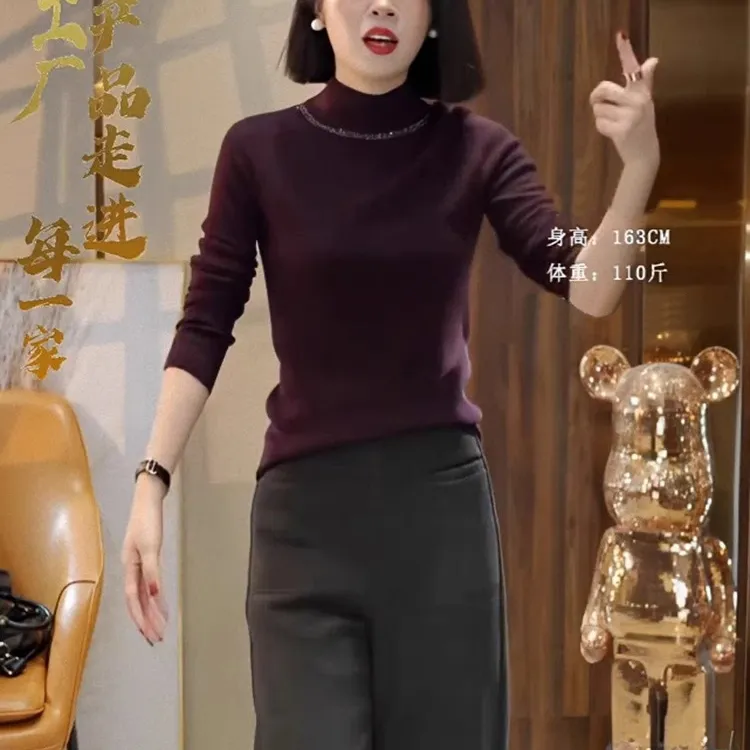 2025春秋新款时尚打底衫半高领针织衫烫钻百搭时尚毛衣上衣W1-36