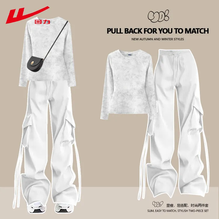 回力工装裤辣妹多巴胺纯棉长袖T恤女秋冬季休闲圆领两件套装上衣