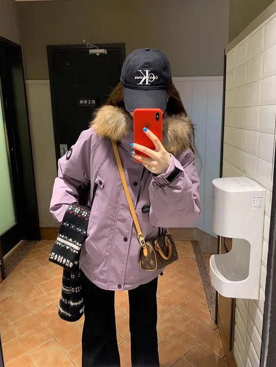 工装风紫色大毛领棉服外套女2025冬季休闲百搭小个子保暖加厚棉衣