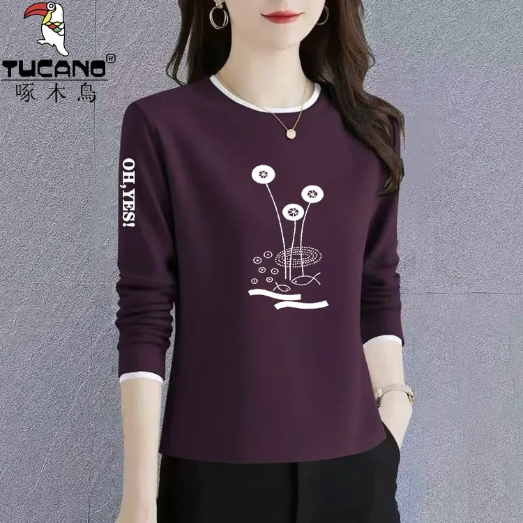 啄木鸟纯棉长袖t恤女士打底衫秋冬内搭中年新款韩版洋气正肩上衣