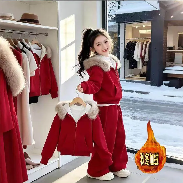 女童秋冬款拜年套装2025新款中大童保暖红色休闲洋气加厚两件套