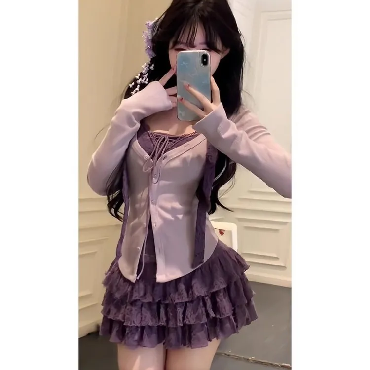 大码胖MM开春小套装甜辣妹紫色假两件上衣女高腰蛋糕裙减龄两件套
