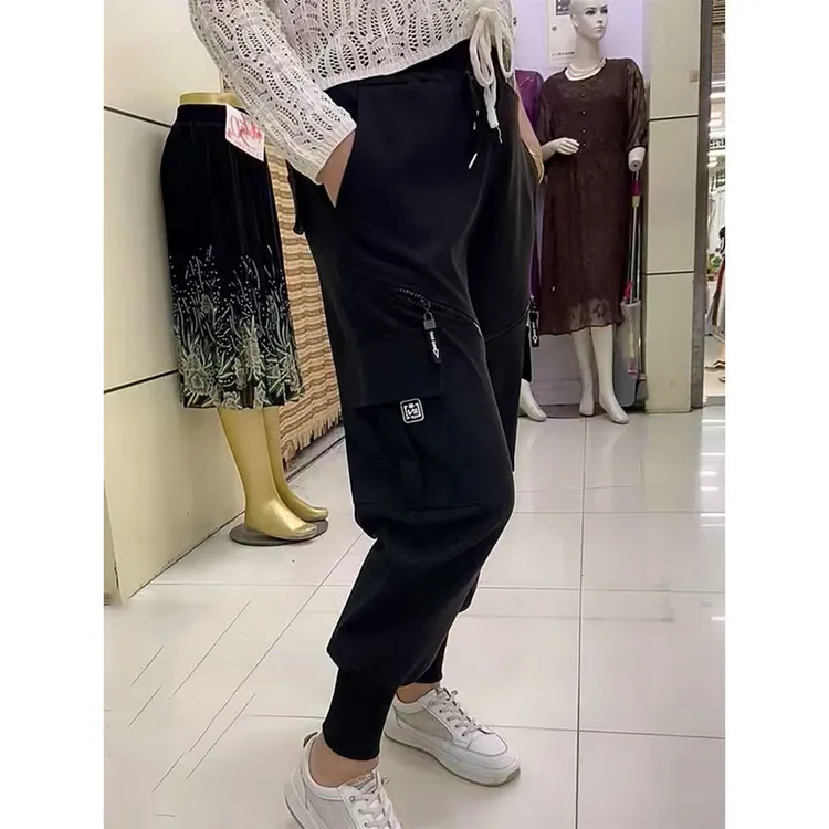 秋冬新款设计拉链加绒工装裤大码宽松显瘦休闲裤女黑色九分哈伦裤