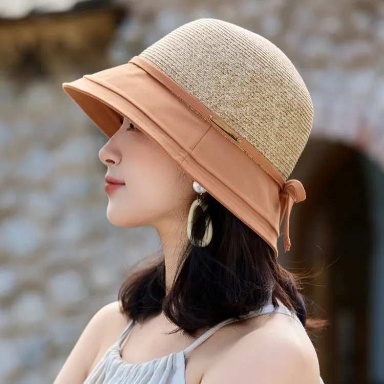 夏季新款优雅百搭女时尚拼接草帽大檐遮阳渔夫帽显脸小潮流出