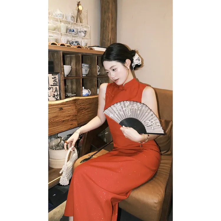 火火火【凝妆记】新中式无袖红色闪片改良旗袍连衣裙L35998HH52