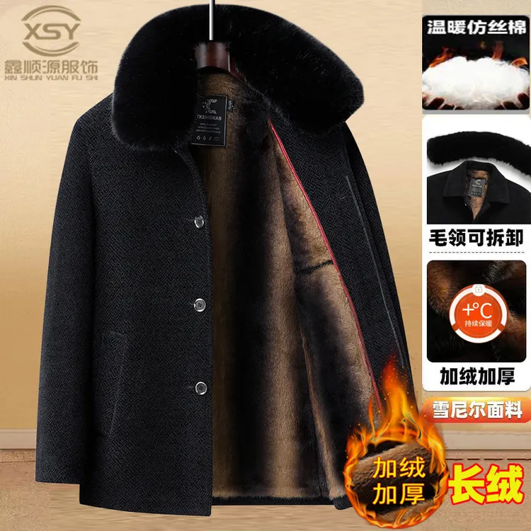 中老年冬季加绒加厚中长款保暖外套毛呢大衣高品质雪尼尔爸爸冬装