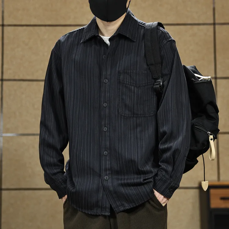 美式高端竖纹休闲衬衫外套男士秋季潮流上衣免烫抗皱复古工装衬衣