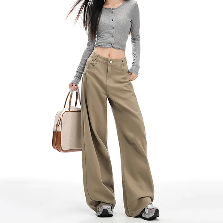 拉夏贝尔卡其色直筒牛仔裤女2025新款美式春秋百搭宽松拖地阔腿裤
