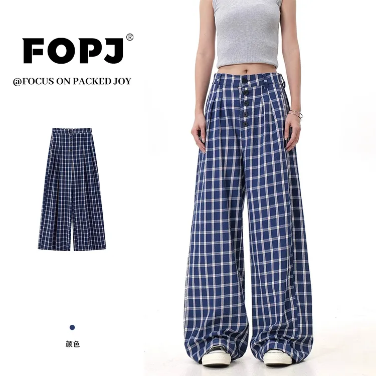 FOPJ蓝色格纹薄款休闲裤女夏季韩系高腰显瘦直筒格子裤宽松阔腿裤