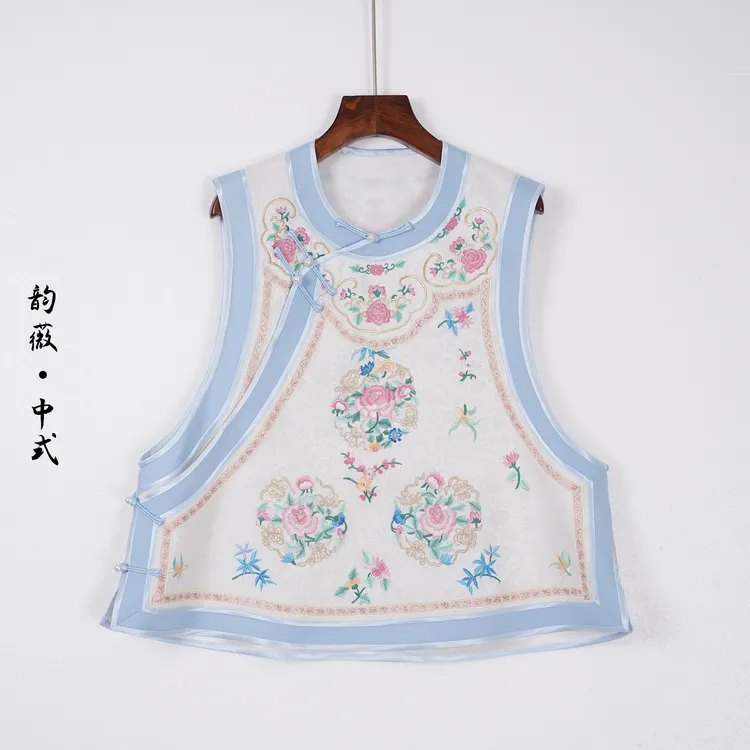 原创复古中式无袖圆领原创设计刺绣马夹女士斜襟上衣马甲