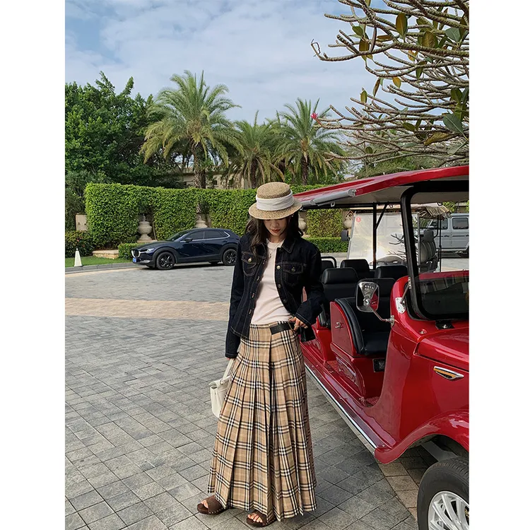 法式覆古温柔风百褶格子半身裙春季新款小众设计感低腰A字长裙子