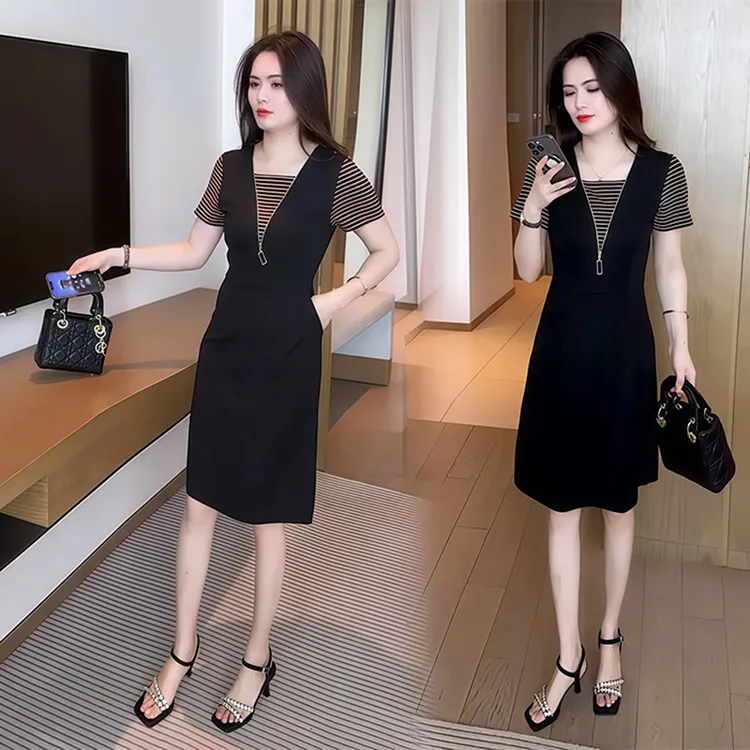 小个子时尚假两件中年短袖连衣裙女夏季新款洋气减龄显瘦中长裙子