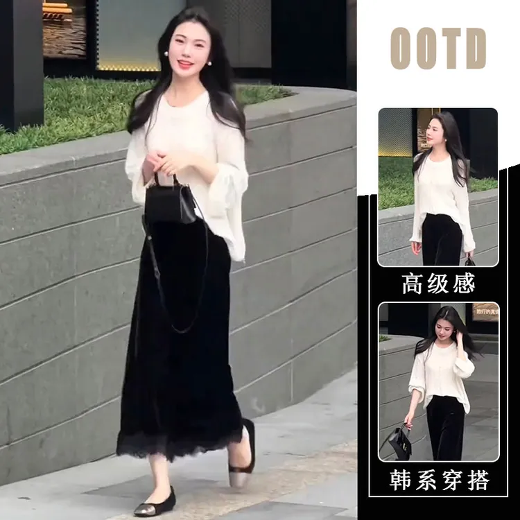 2025秋季长袖小个子针织薄款透气套头上衣女百搭黑色半身裙两件套