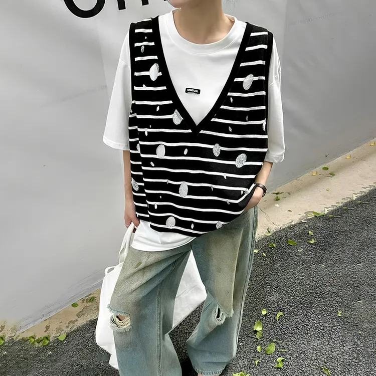 欧洲站宽松休闲夏季短袖T恤女条纹两件套耐磨休闲风黑白百搭潮ins