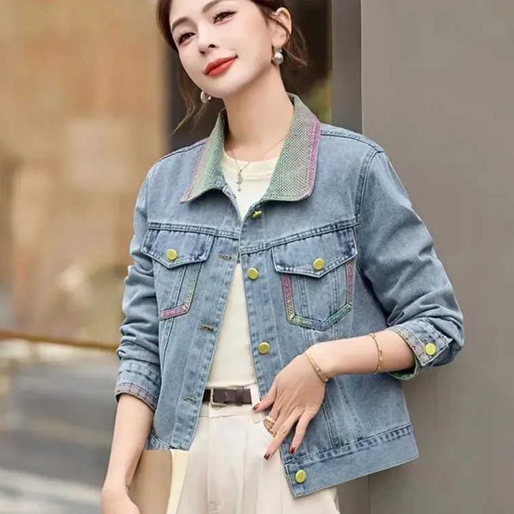 拼色短款牛仔外套女2025春秋新款上衣高级小个子翻领气质百搭夹克