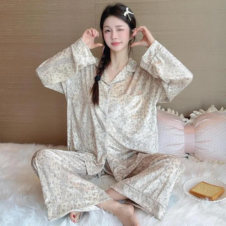 金丝绒睡衣女豹纹春秋长袖长裤仙女风性感开衫保暖网红冬季家居服