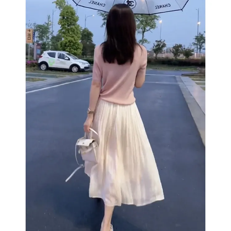 高腰珠光流光纱半身裙女士春季新款抽绳针织t恤两件套装裙a字伞裙