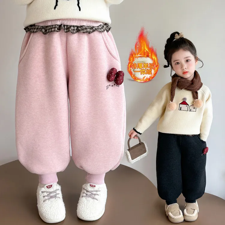 【羊驼绒】女小童蝴蝶结加绒卫裤秋冬款女宝宝一体小女孩加厚长裤