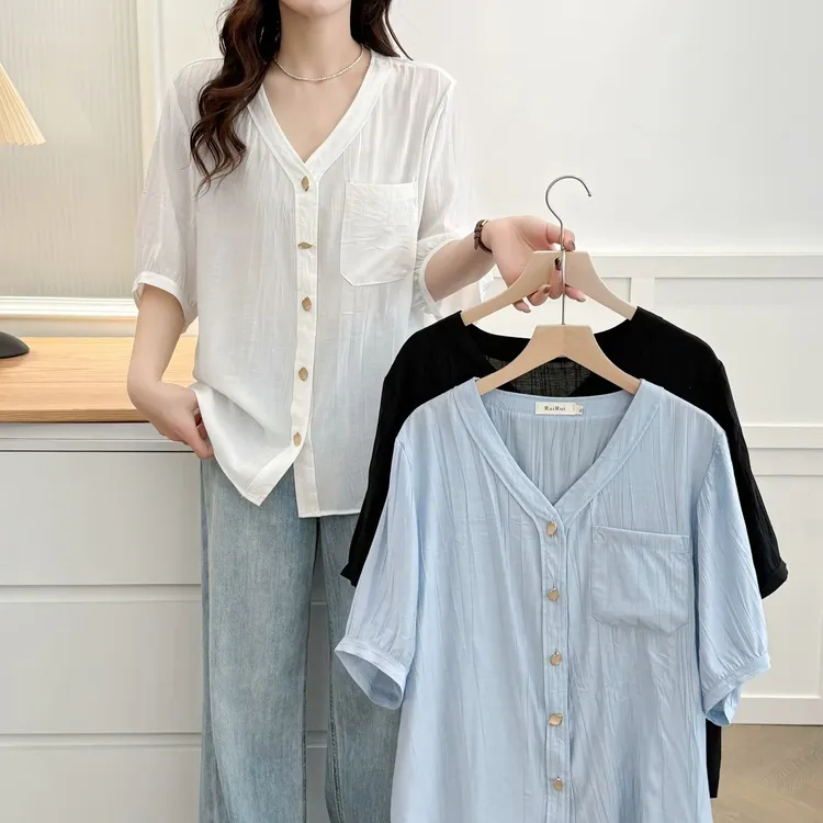 梦冬佳--110-200斤大码女装夏季欧若风宽松遮肉纯色半袖衬衫小衫