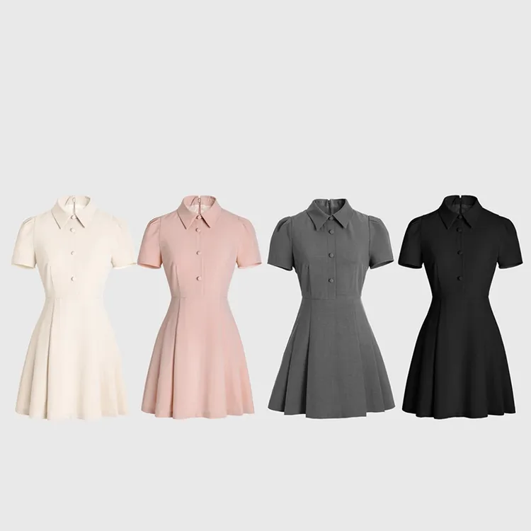 FRVXO夏日花信 韩系设计感收腰A字版型气质法式百褶衬衫连衣裙女