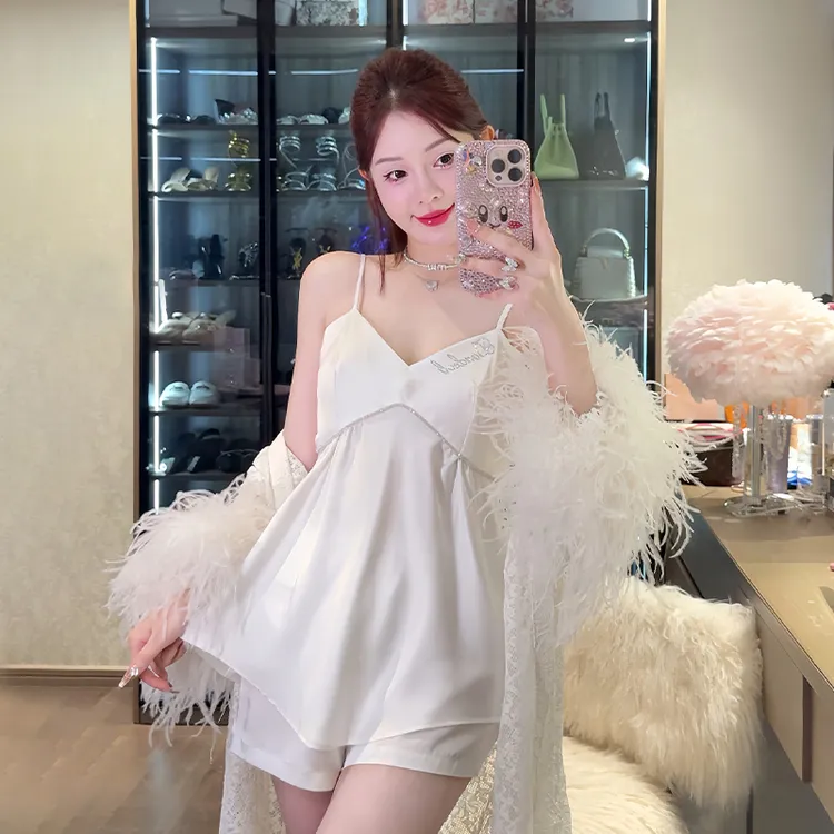 DIMDEVL/汀黛纯欲钻链水光缎面粉色白色吊带短裤家居服睡衣套装女