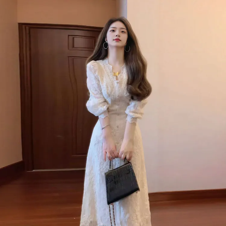 特别漂亮掐腰小裙子韩系独特超好看V领收腰连衣裙25秋季气质长裙