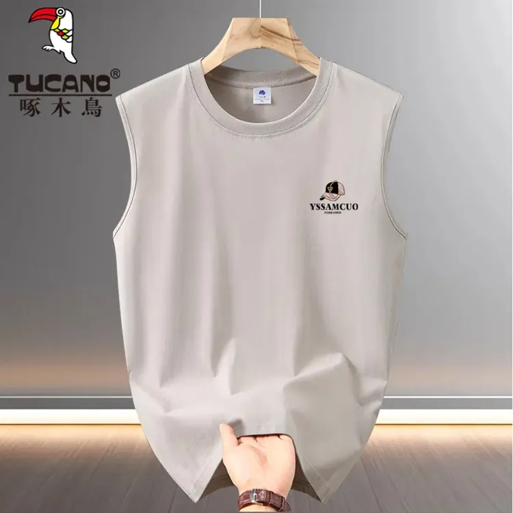 啄木鸟男士背心运动夏季纯棉圆领无袖t恤宽松健身休闲男装坎肩 