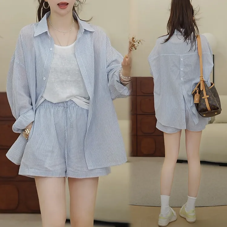 洋气减龄套装女2025夏季新款时尚宽松条纹防晒衬衫阔腿短裤两件套