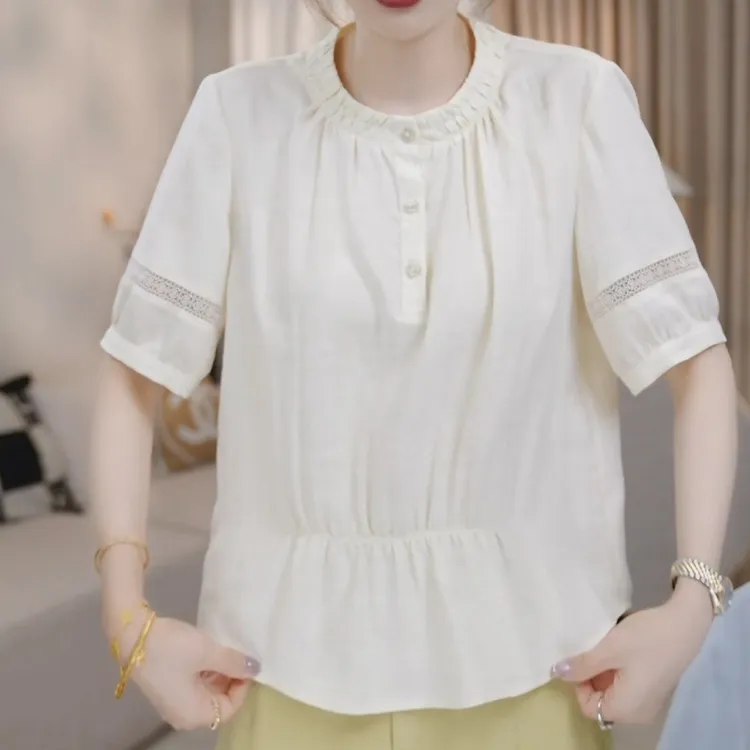 悠悠夏日~圆领半纽扣薄款显瘦短袖百搭显瘦衬衫LK2503556