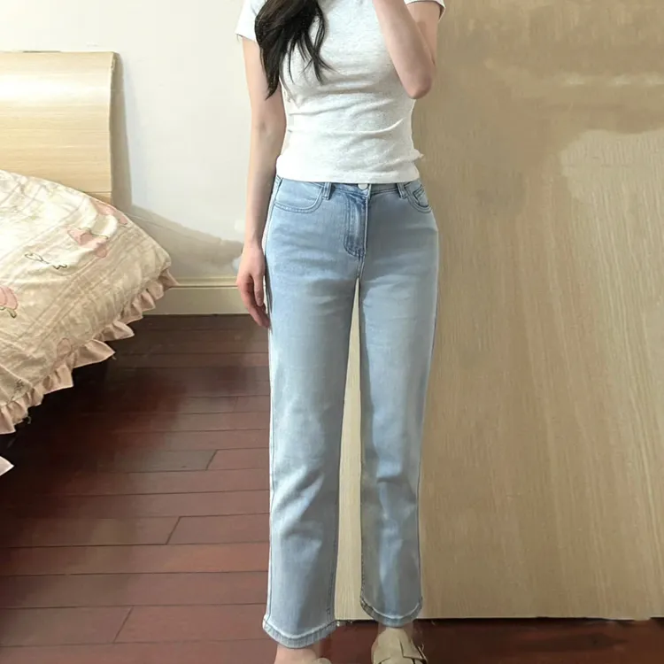 浅蓝色九分烟管牛仔裤女夏季薄款胖mm穿搭直筒裤显腿长高腰显瘦
