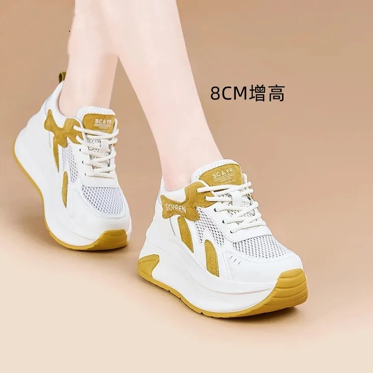 万达撤柜香港真皮8CM网面厚底阿甘鞋女2025爆款网红百搭显高透气~