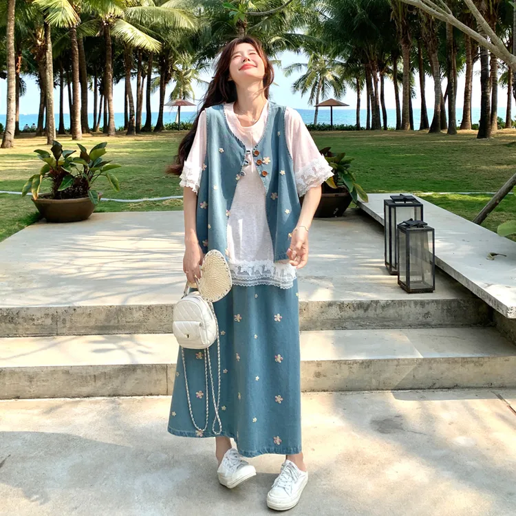 重工刺绣花朵设计牛仔套装裙女2025夏季新款慵懒小清新减龄三件套