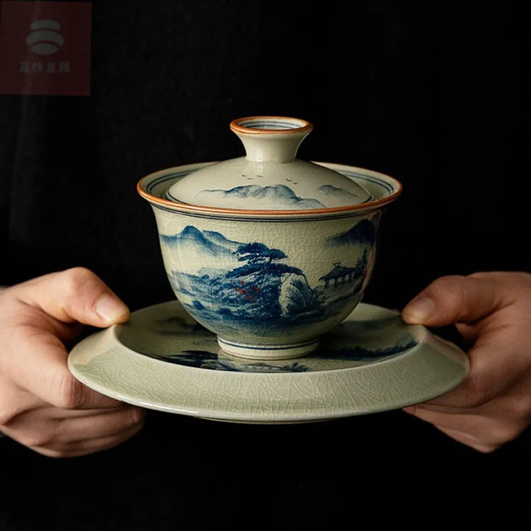 老陶泥手绘三才盖碗手工高端柴烧陶瓷单个青花瓷泡茶大号茶碗茶器