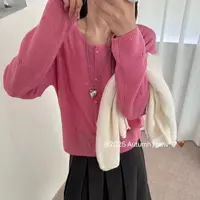 〔镂空小洞亮丝开衫〕〔不可机洗〕欧货早秋圆领单排扣长袖开衫